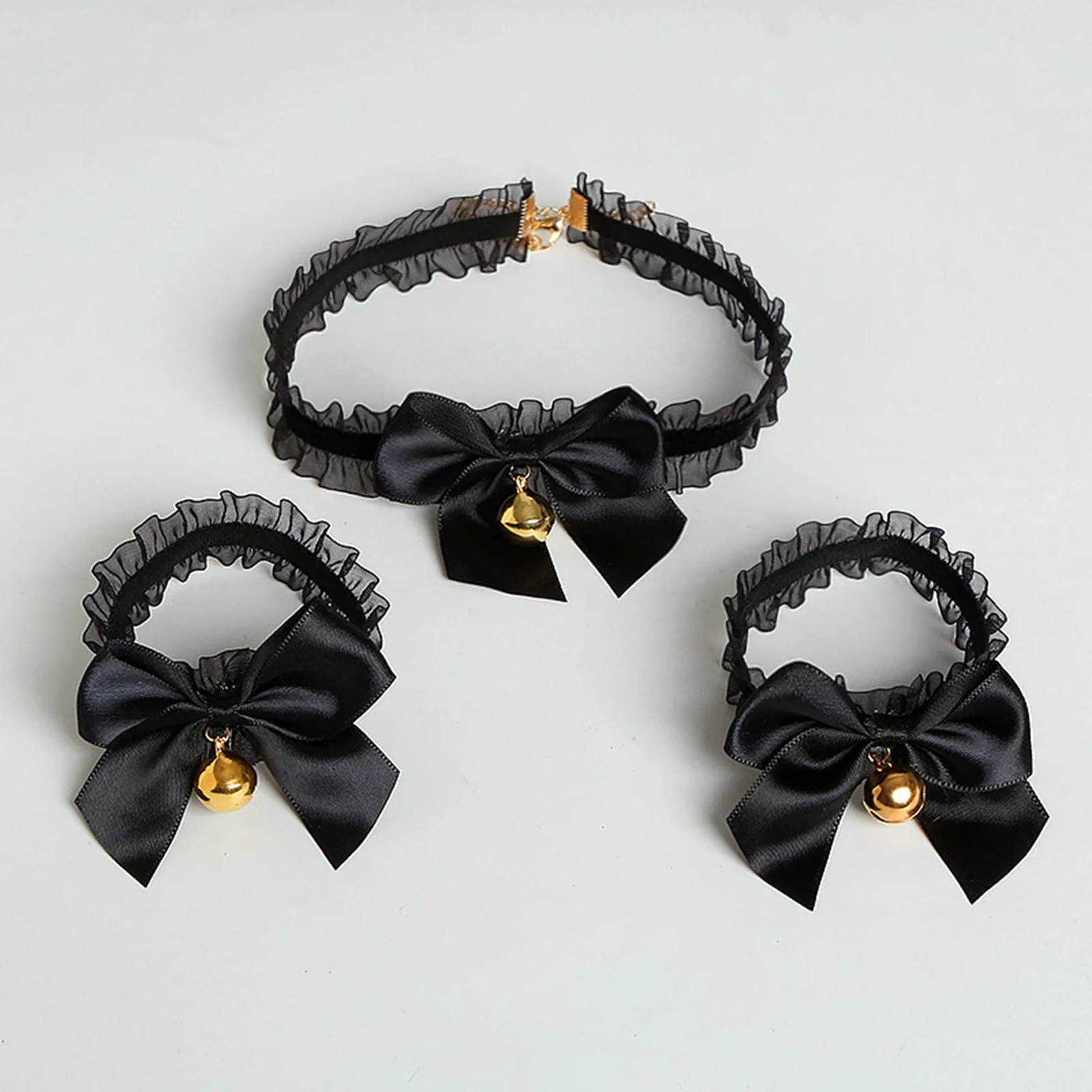 Sexy Maid Lolita Girl Necklace Lace Bow Bell Collar Bracelet Tail Set Cosplay Costume Necklace