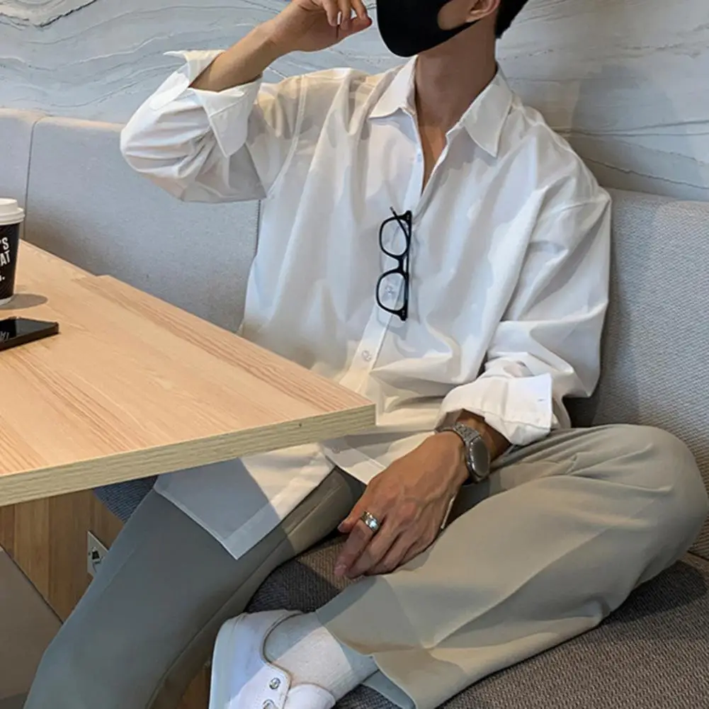 

Single-breasted Men Shirt Lapel Men Shirt Formal Business Style Men's Mid Length Shirt with Turn-down Collar for Long