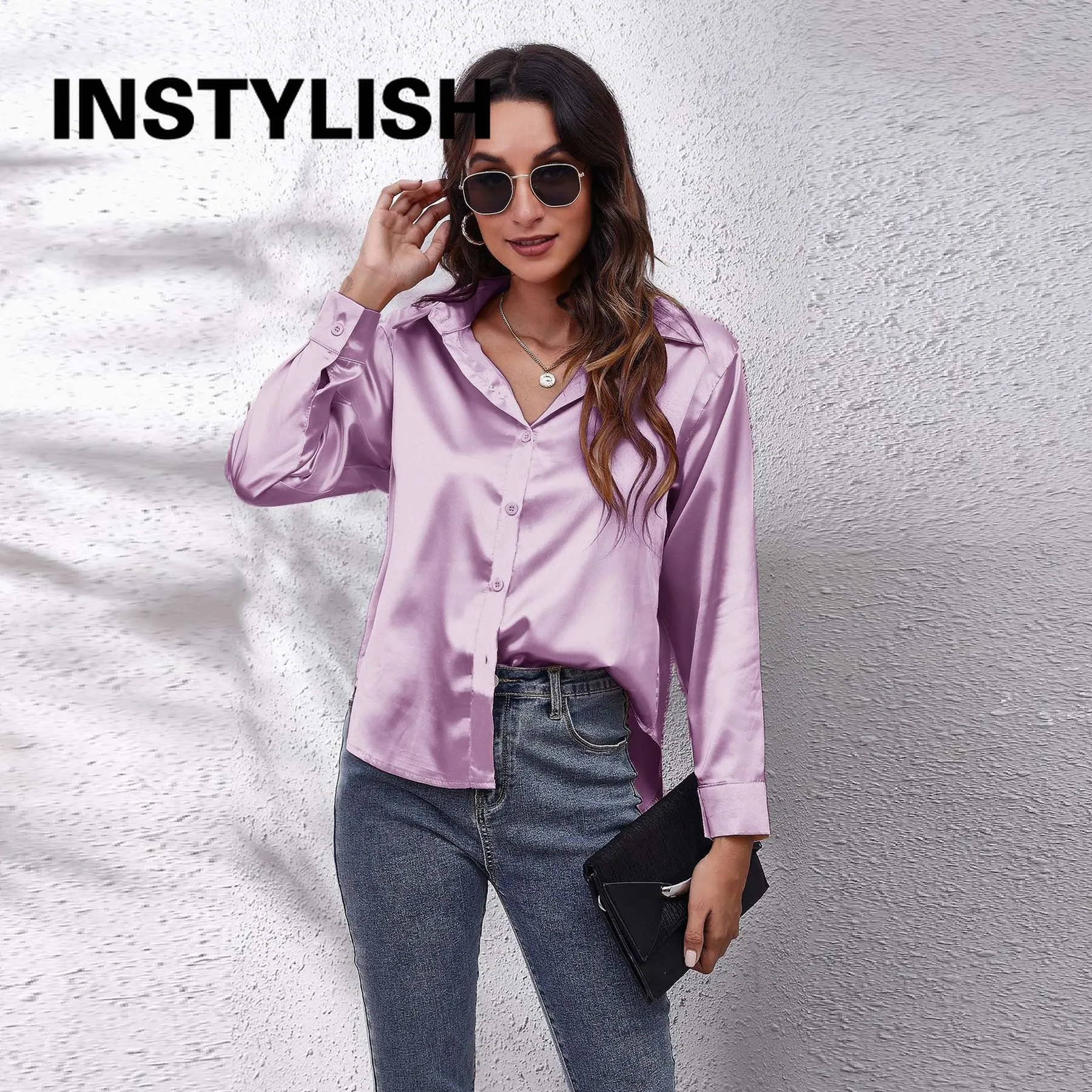 Women Elegant Satin Shirt Casual Long Sleeve Fake Silk Blouse Spring Summer Office Lady Tops Female Simple All Match Clothing 1