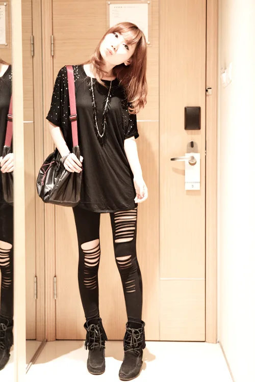 Image of Sexy Leggings Ripped Leggins Women Low Waist Pants Hollow Out Leggings Stretch Dancing Club Street Pants