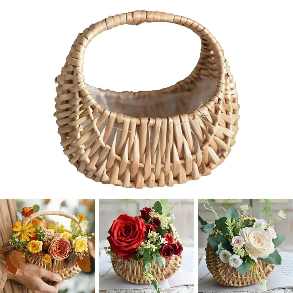 Willow Rattan Flower Girl Baskets Yellow Woven Basket Flower Arrangement Basket Handmade Sturdy Wicker Half Moon Baskets Wedding 5