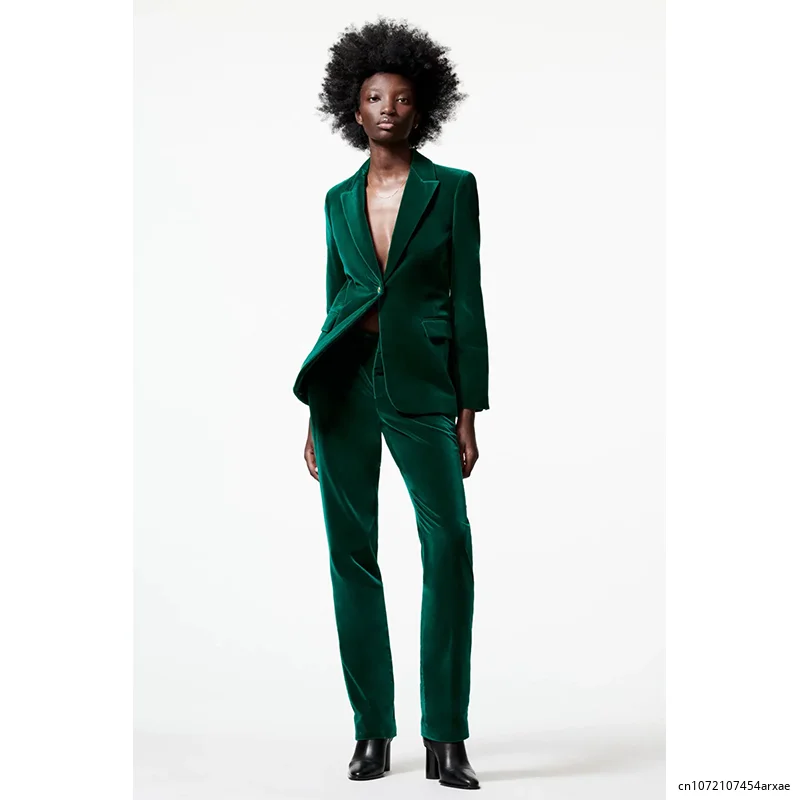 Elegant Velvet Women Blazer Fashion Office Wear Buttons-Up Long Sleeve Pockets Vintage Blazer Green Female Outfitt 3