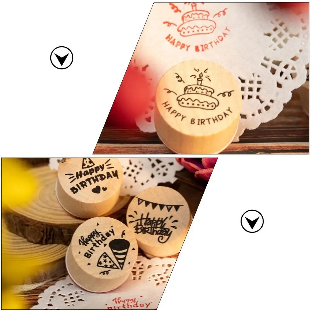 6Pcs 프리미엄 나무 원형 씰 크리 에이 티브 DIY 공예 스크랩북 저널 플래너 스탬프 세트 어린이를위한 생일 장식 빈티지
