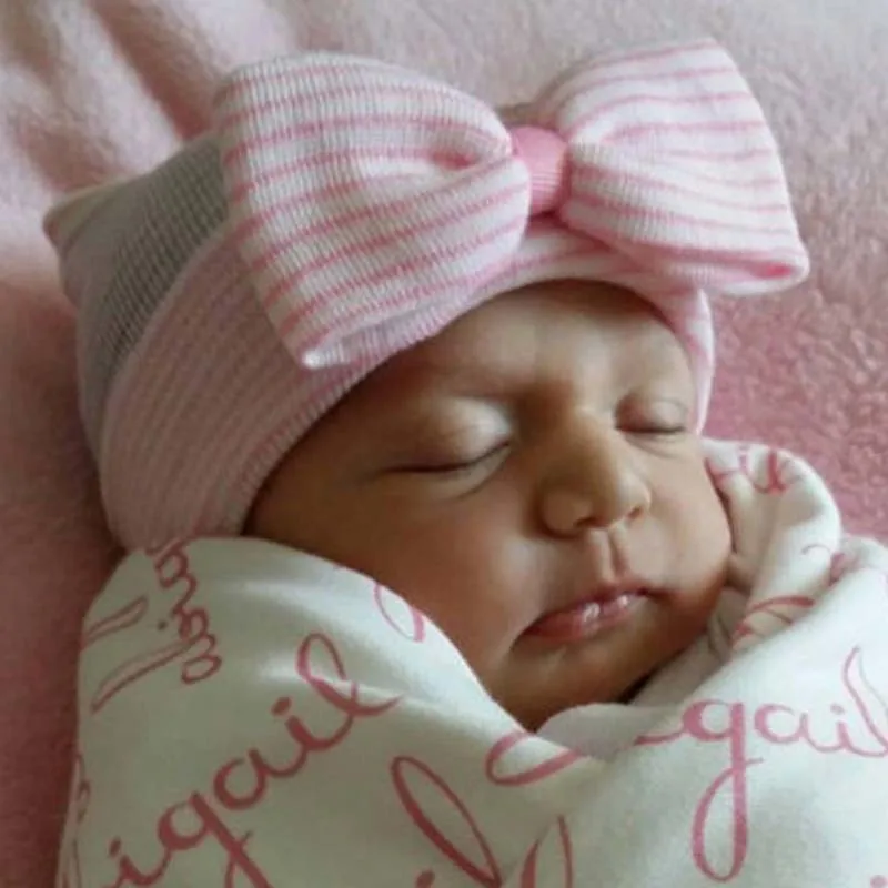 

Stripe Infant Hat For 0-6 Month Newborn Baby Hospital Hat Soft Cotton Cute Big Bow Beanie Cap