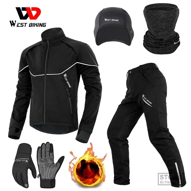 

WEST BIKING Warm Winter Cycling Suit Thermal Fleece Windproof Bike Jersey Running Ski Bicycle Jacket Coat Pants M-3XL Sportswear