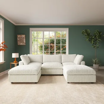118'' Comfy Plush Fabric Sectional Sofa Couch Modula U-shape Upholstered Couch 3 Seats with 2 Ottomans for Living Room Sofa Set