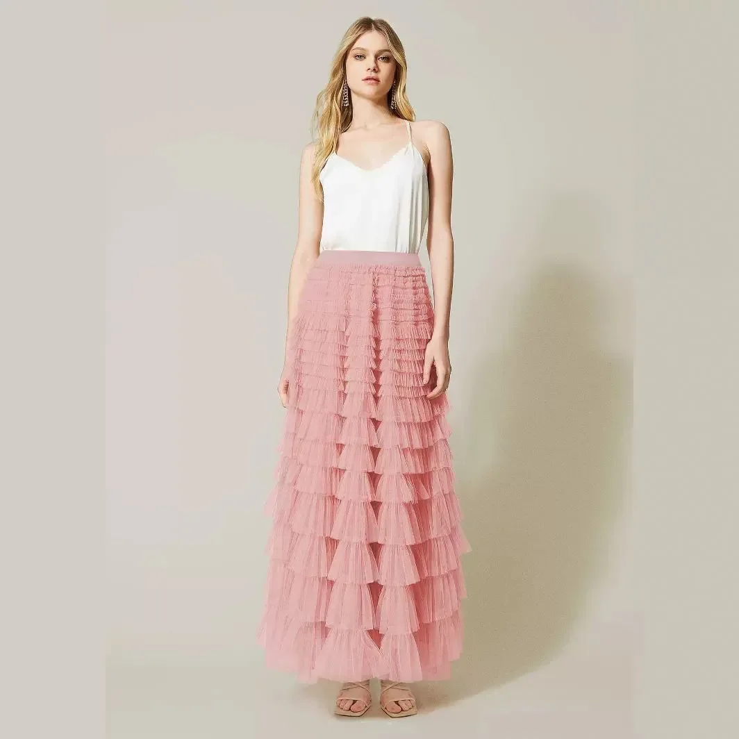 

New French Style Women's Autumn Temperament Elegant Solid Color High Waisted Mesh Cake Skirt Fluffy Half Skirt Long Skirt