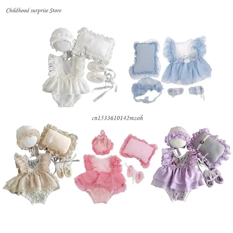 

5 шт./компл. детская шапочка + подушка + комбинезон + обувь + головной убор реквизит для фотосъемки новорожденных Прямая