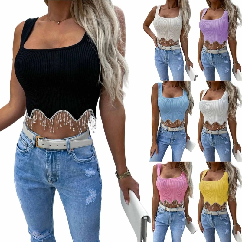 

Women’s Ribbed Knit Cropped Top Vest Rhinestones Fringe Sleeveless Crop Top Dropship