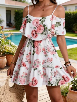 Women's European-Style Floral Print Dress Sleeveless Halter Top with Ruffled Edges Short Skirt for Summer 1