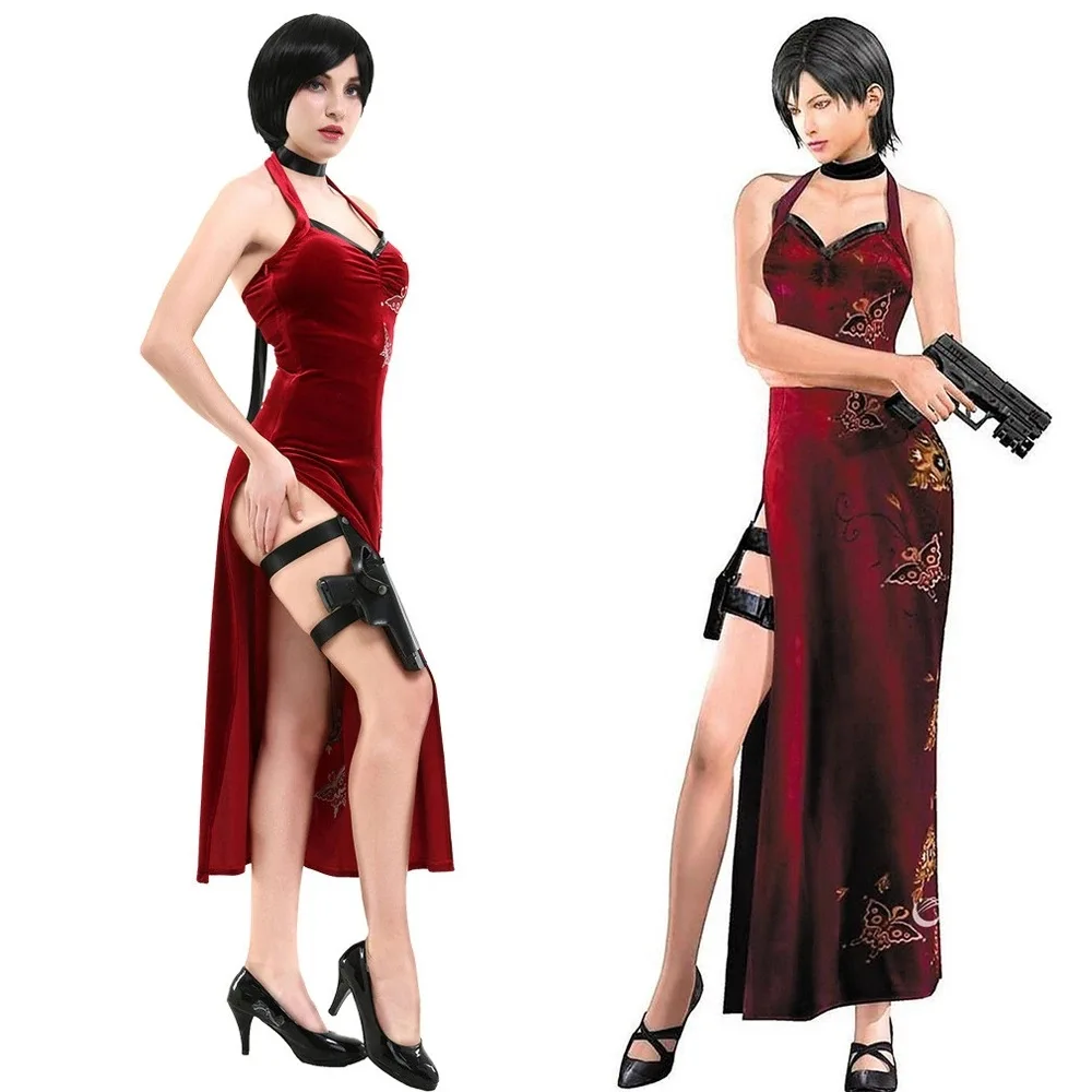 

Resident 4 Ada Wong Cosplay King Queen Costume Evil Cheongsam Dress Miniskirt Bag Halloween Carnival Suit for Adult Women Girls