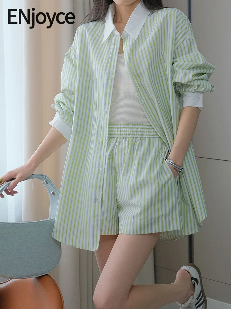 

ENjoyce Spring Summer Women Green Striped Long Shirts and Shorts 2 Piece Sets Ladies Casual Loose Sun Protection Outfits Suits