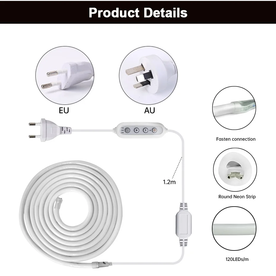 디밍 가능한 원형 네온 LED 스트립 220V EU AU 타이머 스위치 플러그 따뜻한 백색 빨간색 녹색 파란색 분홍색 방수 플렉시블 LED 로프 라이트