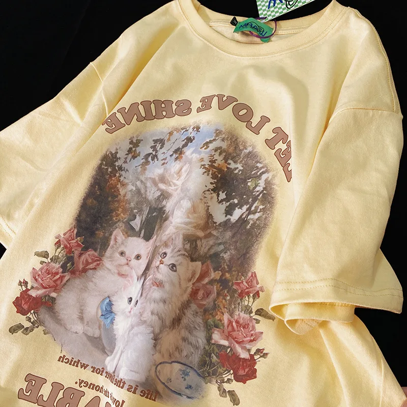 

Vintage Retro Style Women T shirts Cute Cat Print Short Sleeve O Neck Women's Tops Casual Loose Woman T-shirt