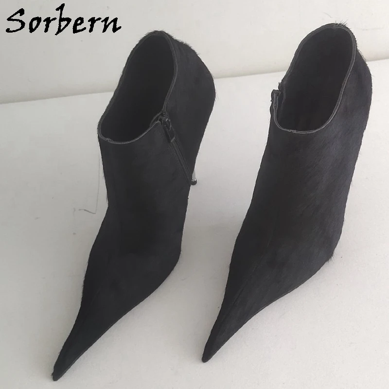 

Sorbern Horsehair Real Leather Ankle Boots Women Sheepskin Lining Short Booties Unisex 14Cm Silver Metal High Heel Stilettos