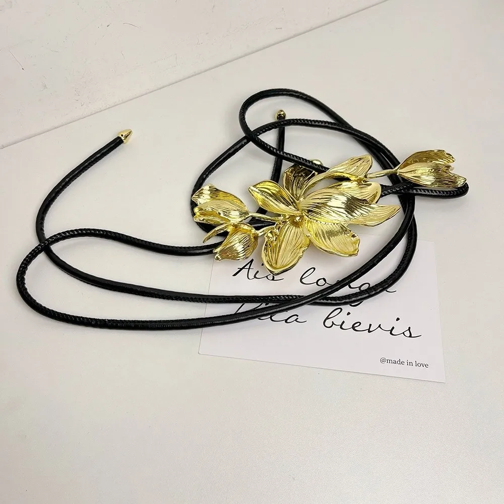 Neue Retro Gold Blume Gürtel Schwarz Leder Seil Kleid Dekoration Körper Kette Taille Link Metall Taille Kette Frauen – Detail 17