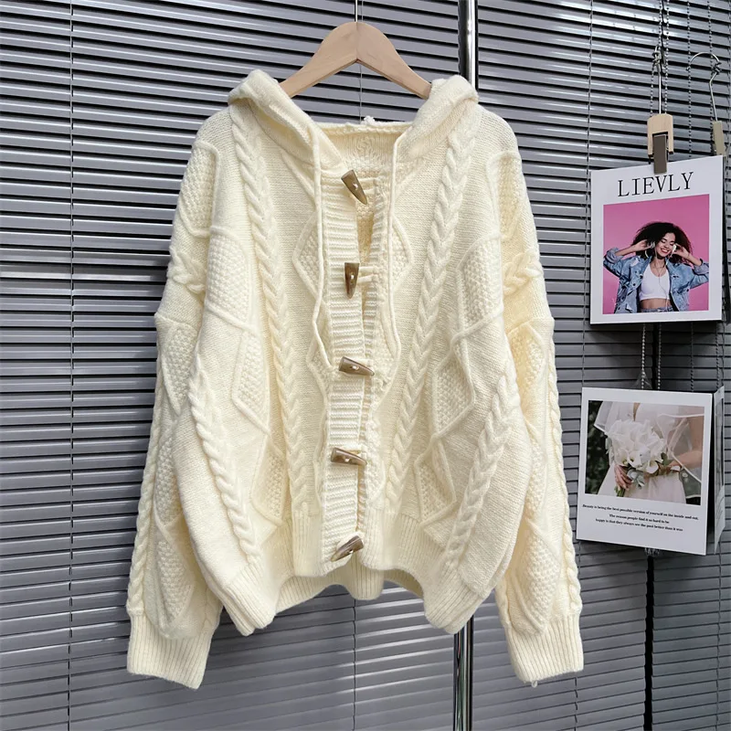 

women white color Sweater coat spring hooded horn buckle twist cardigans full sleeves spring retro knit jumper