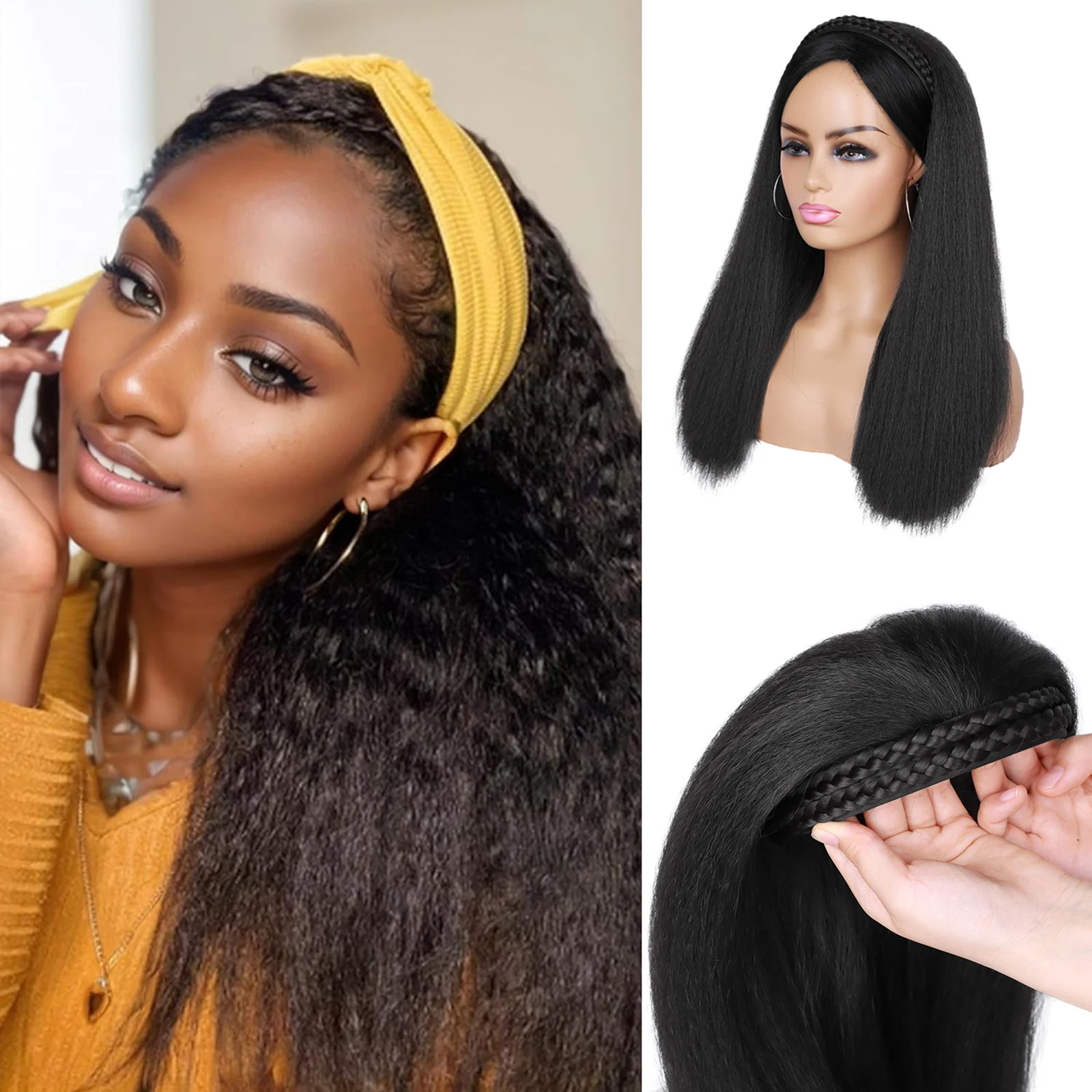 Tereshar Synthetic Yaki Straight Half Wig with Braided Hair Band Wig for Black Women Heat Resistant Wigs