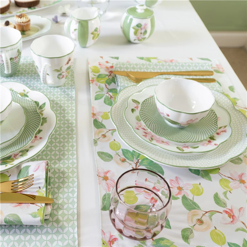 Ceramic Plate Household Bone China Dinner Plate Set Vintage Green Flower Dishes Tableware Oval Large Tray Dinnerware Sets