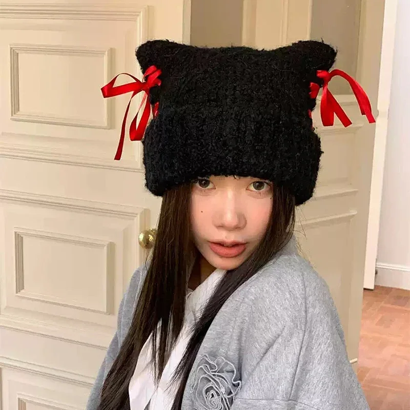 Women Sweet Bow Ribbon Cat Ears Knitted Hats Korean Warm Autumn and Winter New Cute Versatile Outdoor Beanies Fashion Thickened 3