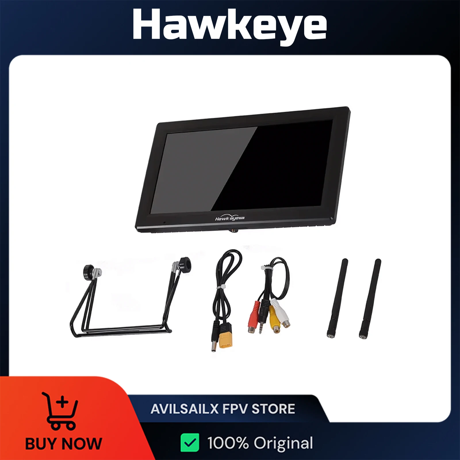 Moniteur FPV Hawkeye Captain X 10.2 pouces avec DVR et double récepteur 5.8G affiché sur fond noir