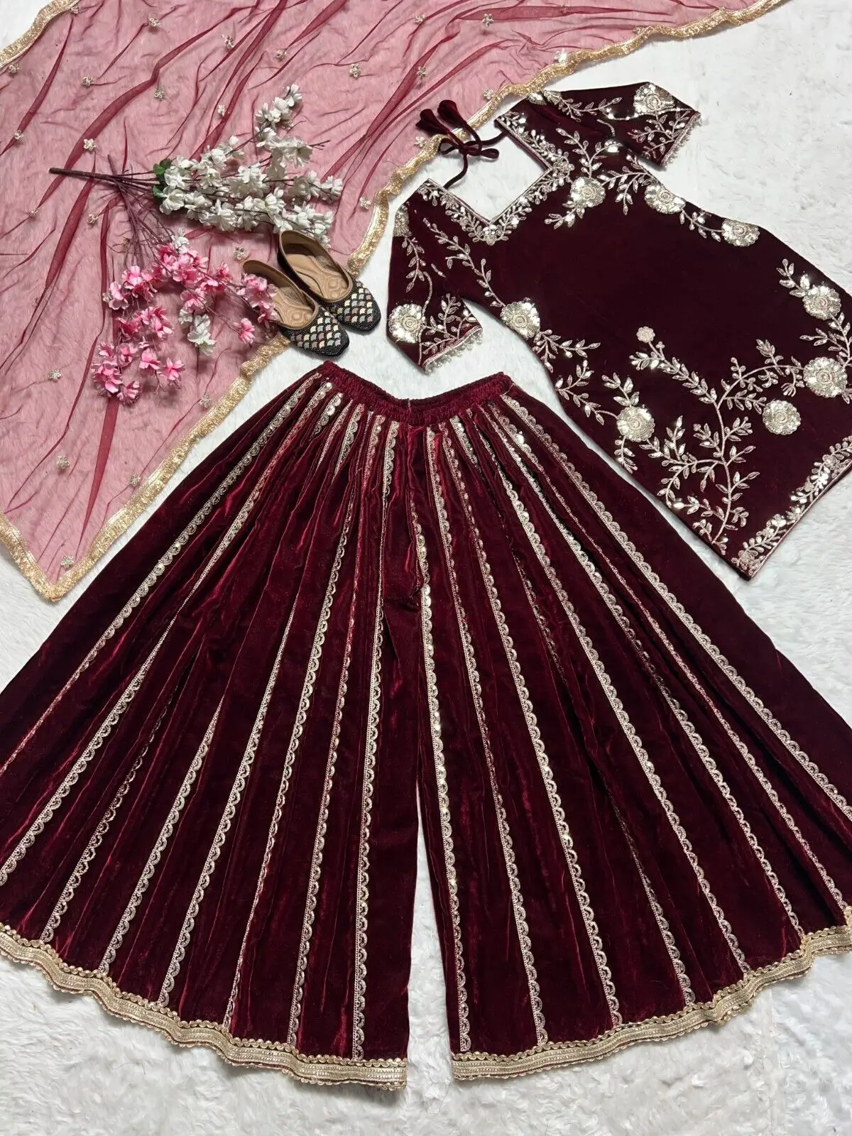 Velvet Salwar Kameez ReadyMade Pakistani Embroidery Dress Butterfly Net Dupatta