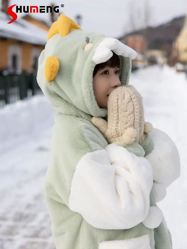 Cute Kawaii Zoo Hooded Furry Sweatshirt Women 2023 Autumn and Winter New Sweet Warm Long Sleeve Thickening Plush Jackets Female