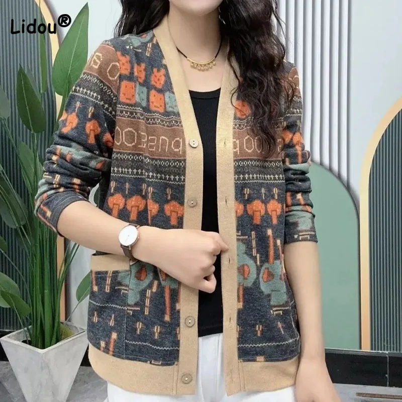

Spring Autumn Long Sleeve Fashion Printed Button Cardigan Female Casual Vintage Loose V-Neck Knitted Thin Tops Women's Clothing