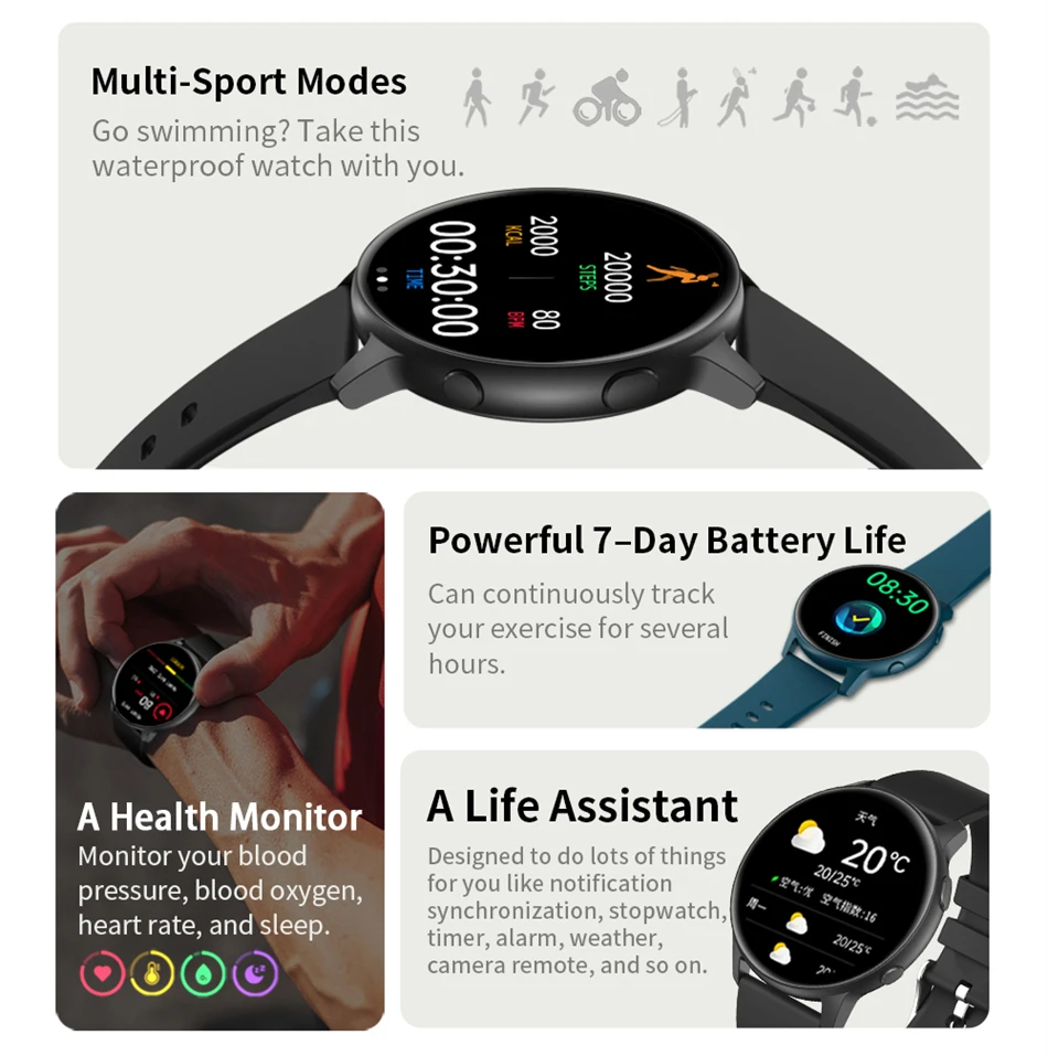 2022 New Fashion Smart Watch Men Fitness Bracelet Heart Rate Blood Pressure Monitoring Sports Tracker Smartwatch Gift for Women