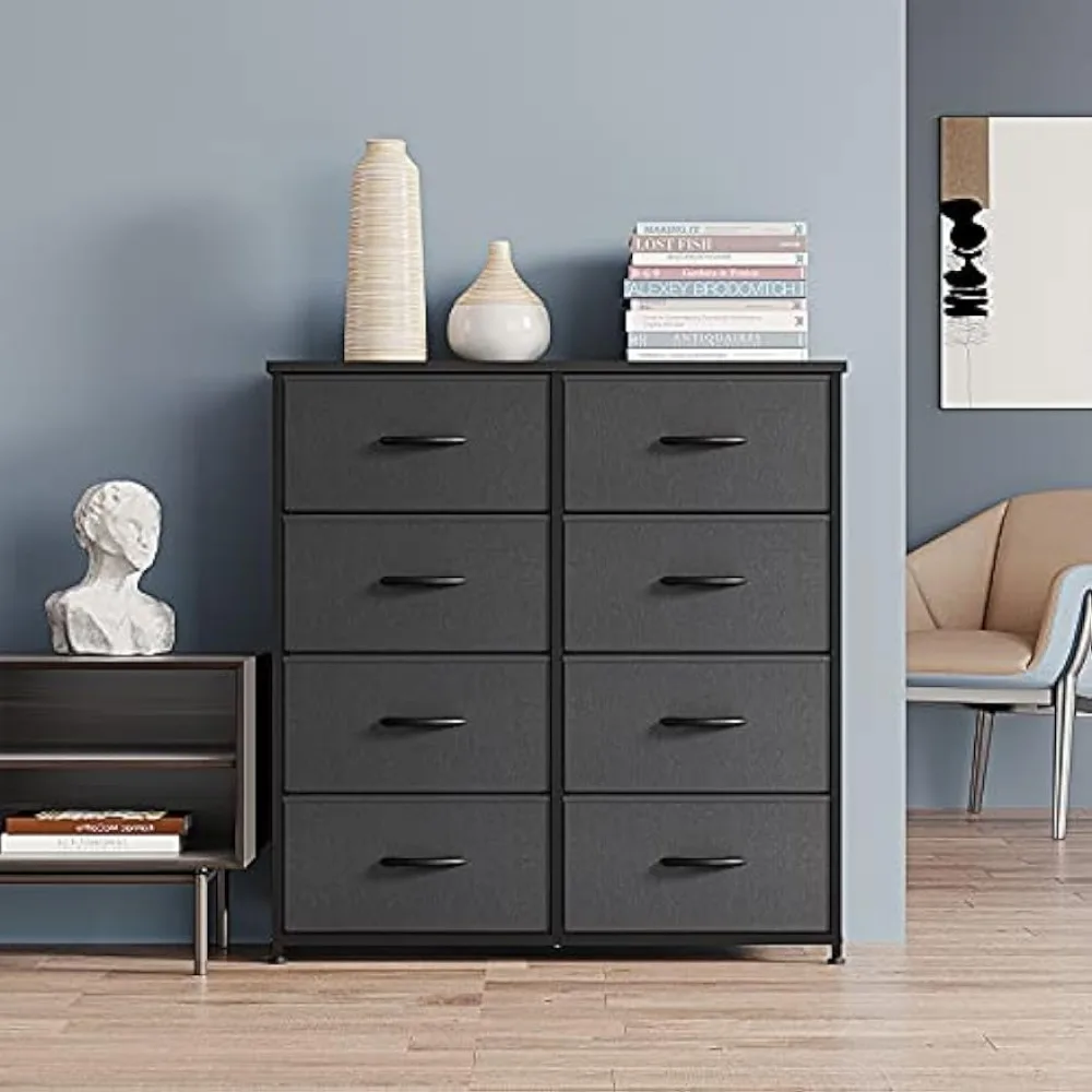 Dresser for Bedroom, 8 Drawer Storage Organizer Tall Wide Dresser for  Bedroom Hallway, Sturdy Steel Frame Wood Top, Black Grey