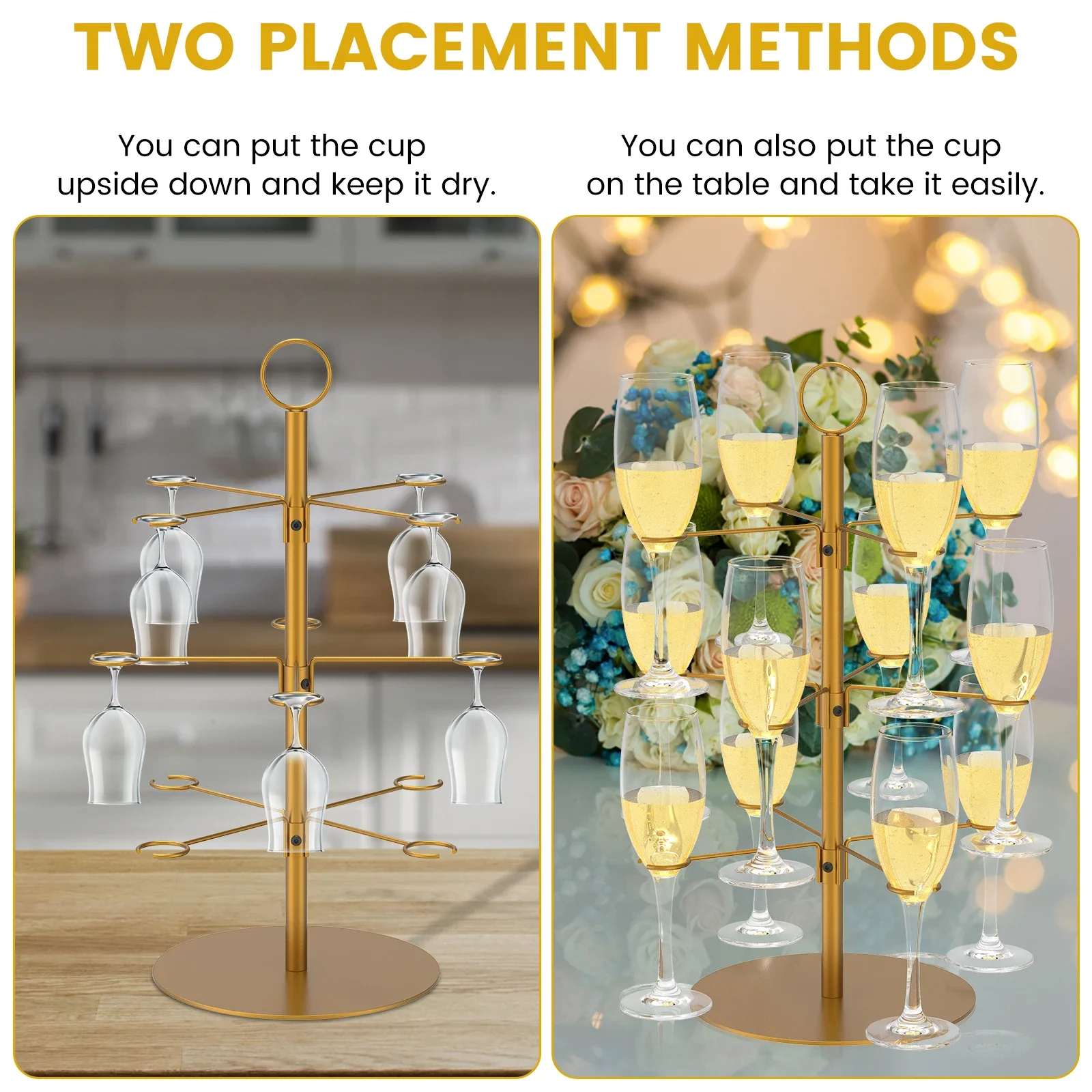 3 Tiers Cocktail Tree Stand 12 Holders Wine Glass Display Stand Metal Red Wine Cup Stand Rack for Cocktails Champagne Red Wine 3