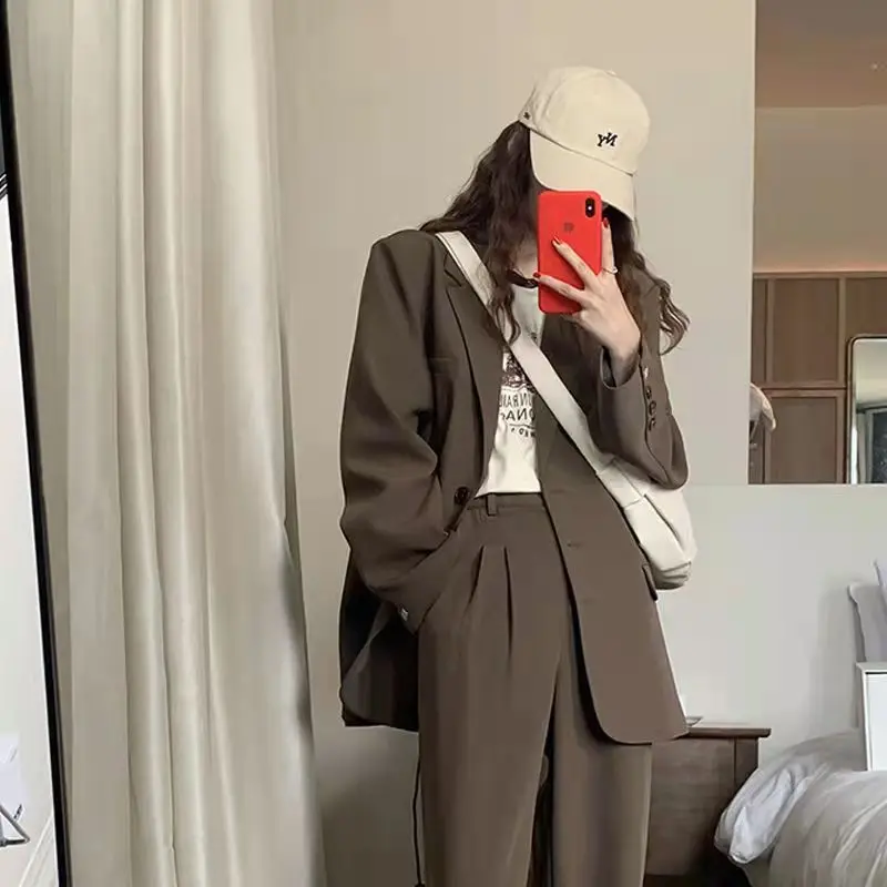 Blazers Women Retro British Style Solid Brown Single Breasted Loose Suit Blazer Elegant High Street Notched Outwear Office Lady 5