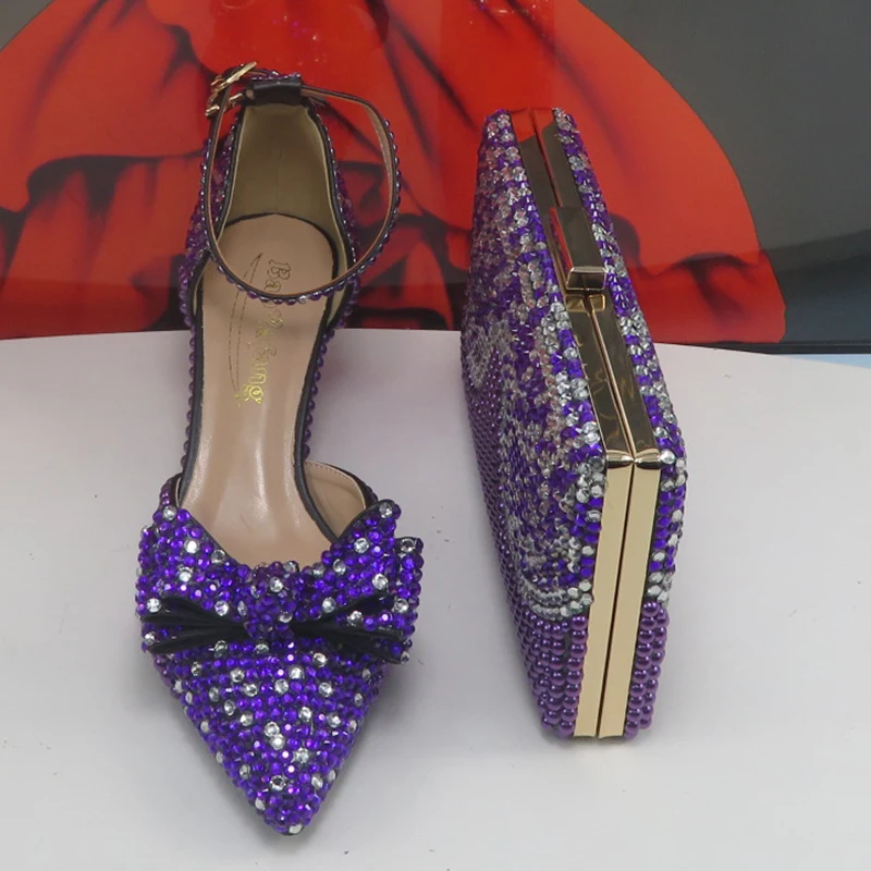 BaoYaFang New arrival Purple Pearl Bridal shoes and Bag Set woman