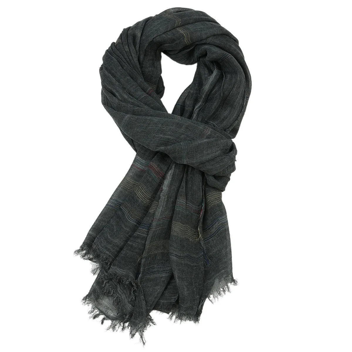 Men Scarf Cotton Linen Yarn-dyed Striped Tassel Long Shawl Autumn Winter Accessories