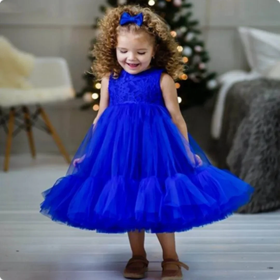 

O-neck Puffy Flower Girl Dress Sleeveless A-line Princess First Communion Short Outfits Toddler Girl Banquet Gown 2024