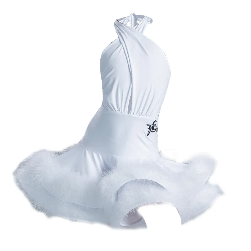 Girls Professional Latin Dance Dress White Fur Latin Clothes