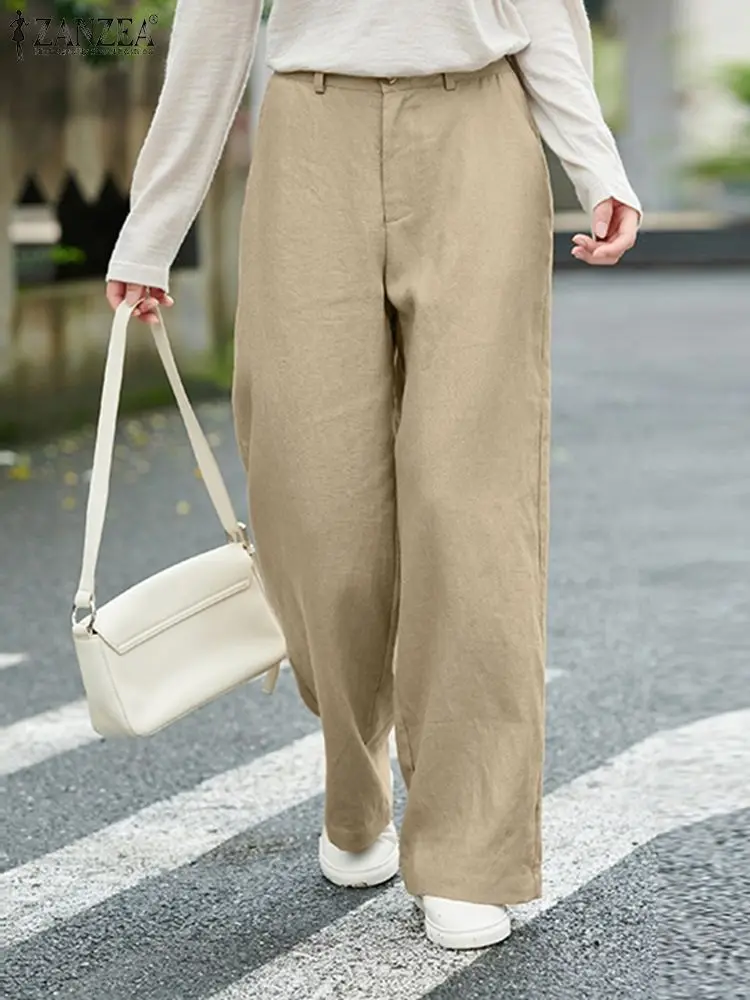 

ZANZEA Summer Fashion Elastic Waist Wide Leg Pants Casual Solid Trousers Women Elegant Vintage Loose Palazzo Long Pantalon 2023