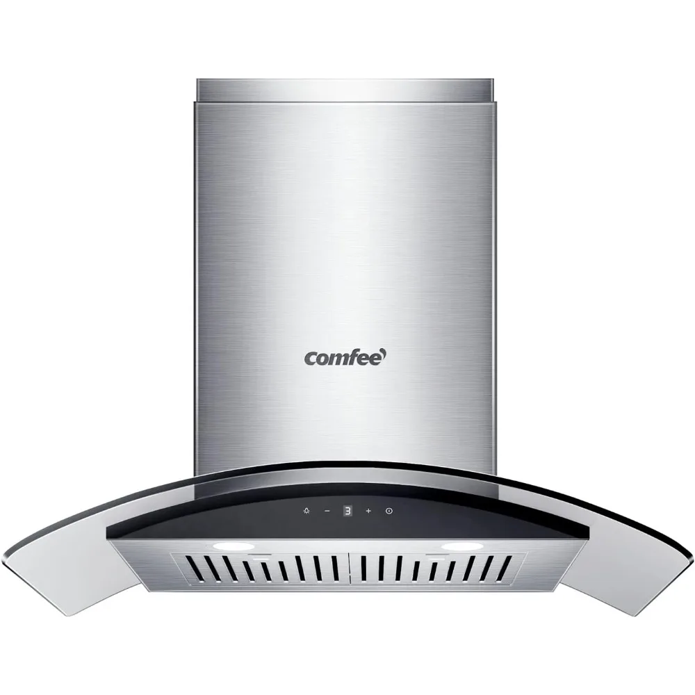 Curved Glass Range Hood 30 Inch 450 CFM 3 Speed Gesture Sensing &Touch Control Panel Stainless Steel kitchen Ductless/Ducted