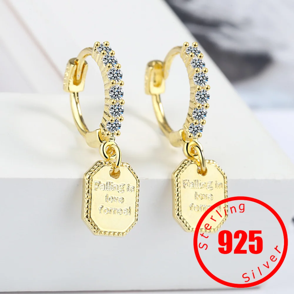 

Stamp 925 Sterling Silver Fashion 18K Gold Color Square Shiny CZ Pendant Hoop Earrings For Women Wedding Party Jewelry