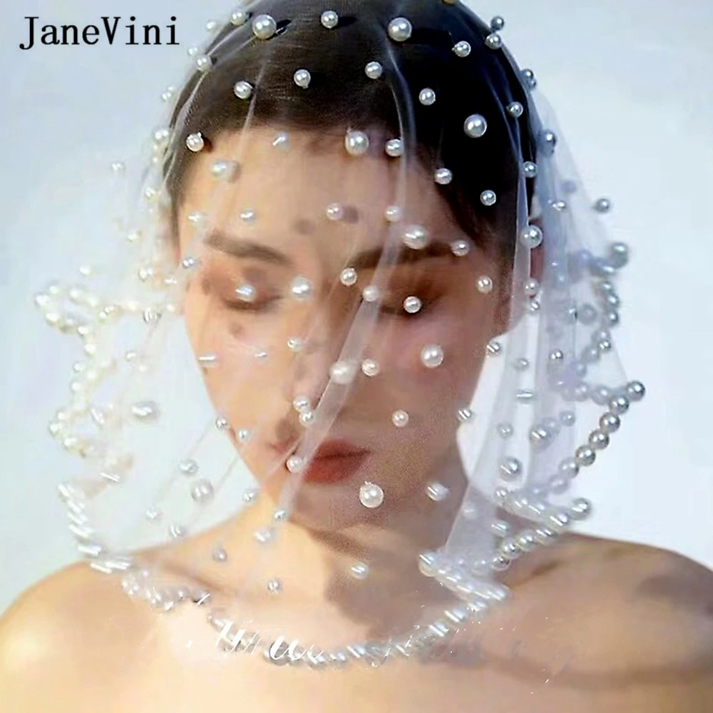 

JaneVini Elegant Bridal Mask Veils Cover Face Full Pearls Tulle Blusher Veil with Delicate Nail Bride Wedding Hair Accessories