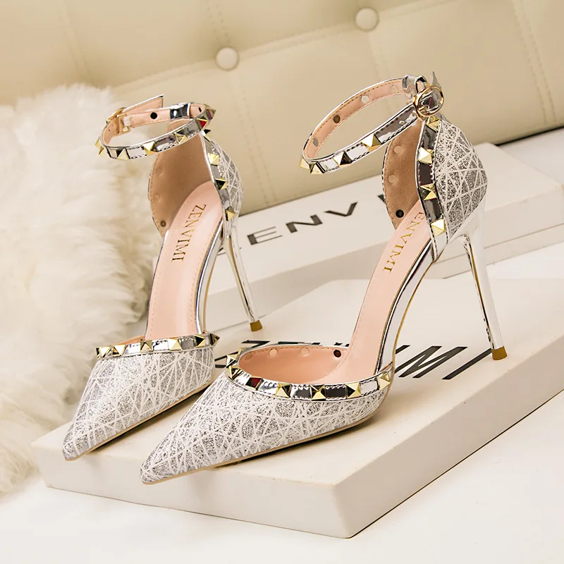 

Sexy High Heel Women's Shoes Rivets Fine Heel High Heel Sequins Hollow Shallow Mouth Sandals Women Plus Size Women Shoes 41