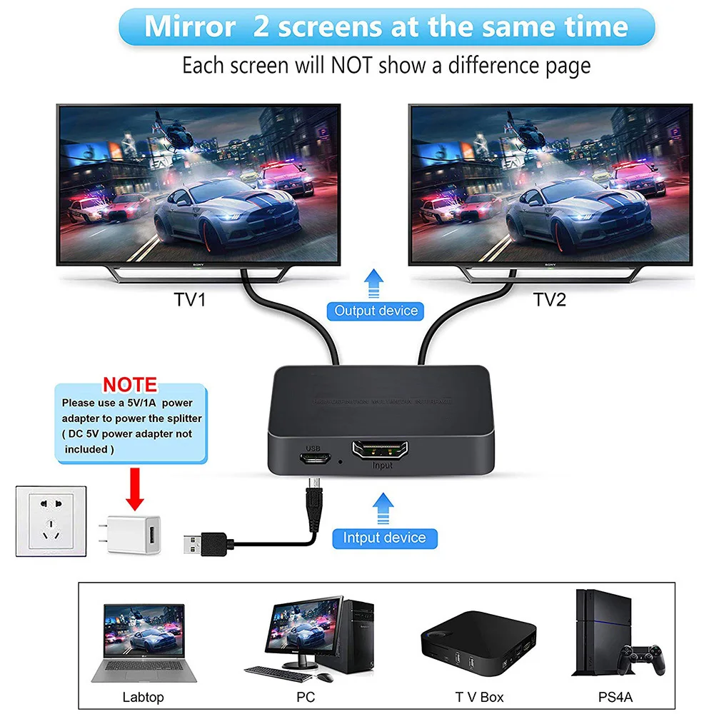1x2 4K HDMI-compatible Splitter Switch 1 in 2 Out Video Distributor Amplifier Dual Display Box PC Monitor Projector Laptop