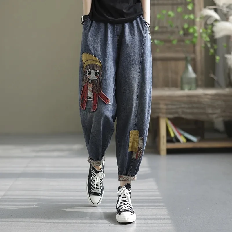 Autumn Retro Embroidered Cartoon Girl Denim Trousers Women's Fashion Streetwear High Waist Patchwork Trousers Christmas Jeans