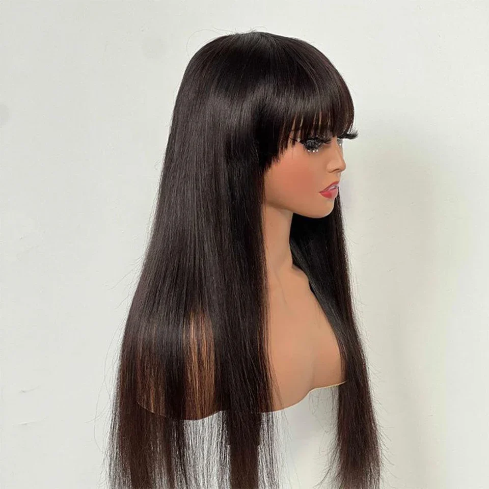 30 Inch Straight Full Machine Made Wig with Bang 180% Natural Human Hair Wig For Women Pre-Plucked Remy Hair human hair wigs
