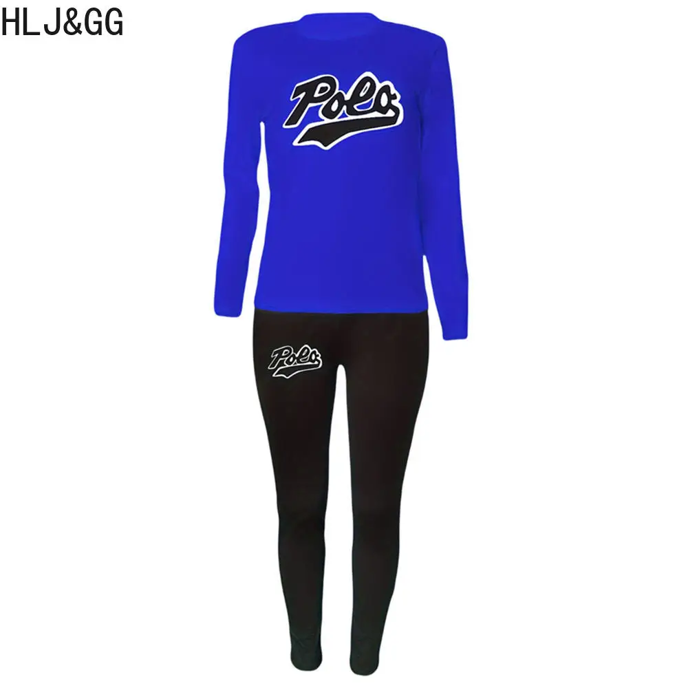 HLJ&GG Fashion Streetwear Women Letter Print Round Neck Long Sleeve Top + Skinny Pants Two Piece Sets Casual Sporty 2pcs Outfits