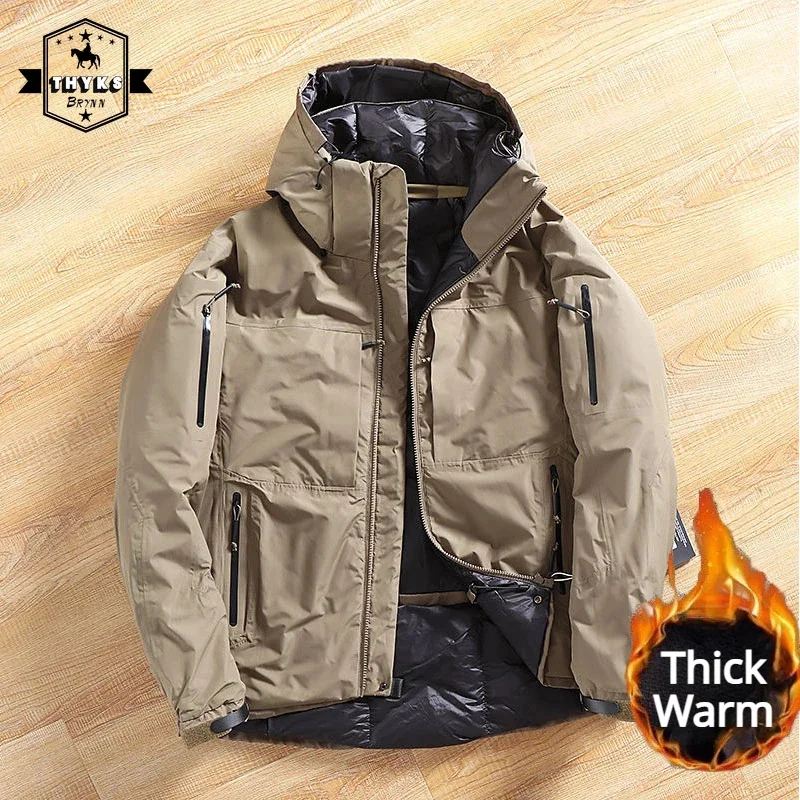 

Men's Thicken Waterproof Down Jacket Windproof Warm Outdoor Hooded Hight Quality Coats Male Loose Fluffy Multiple Pockets Parkas