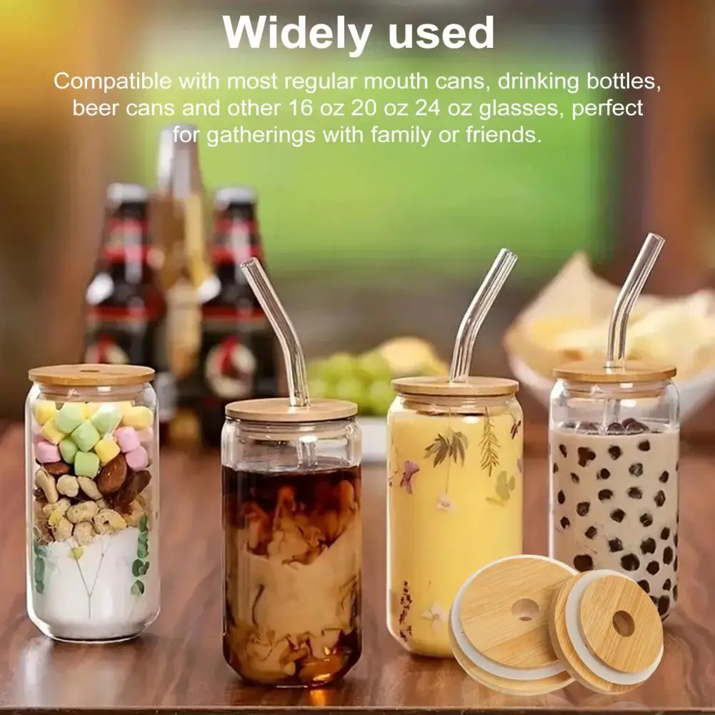 4 Pcs Bamboo Lid With Straw Hole Silicone Seal Lid 2.76inch Canning Lid Regular Mouth Jars Replacement For Beer Glasses Cup Tool