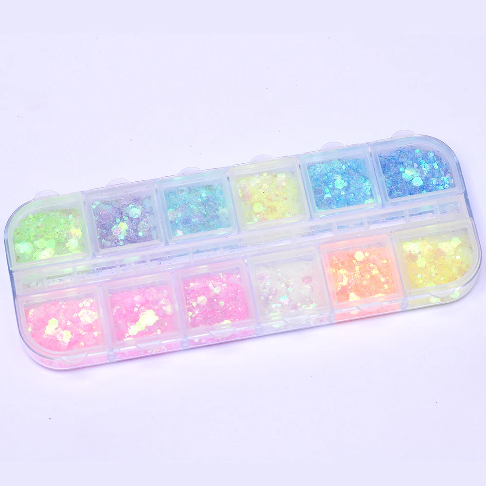 네일 아트 장식 스팽글 크리스탈, 얇은 육각형, 반짝이는 파우더, 광택제 슬라이스, DIY 매니큐어, 여러 가지 빛깔의 네일 조각, 12 그리드