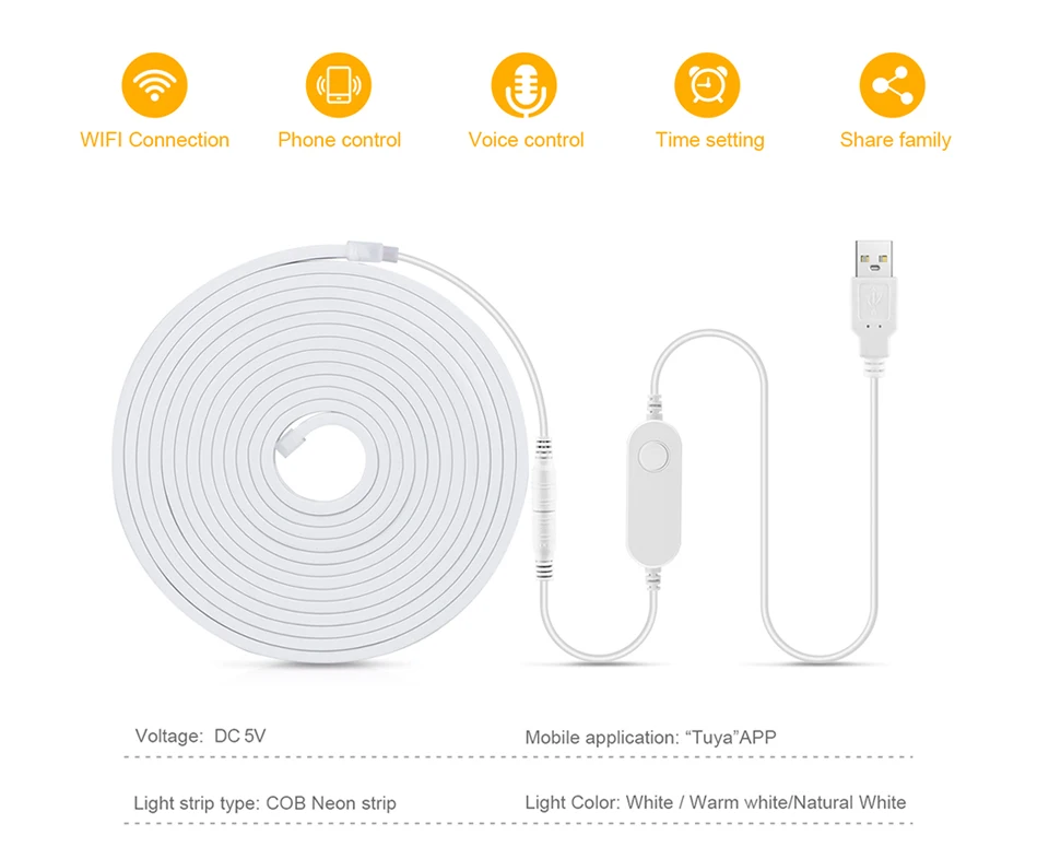 Description Picture 3 of itemTuya Smart WiFi APP DC 5V USB COB Light LED Strip Neon Silica Gel Tape Backlight DIY Home Decoration work with Alexa Google Home