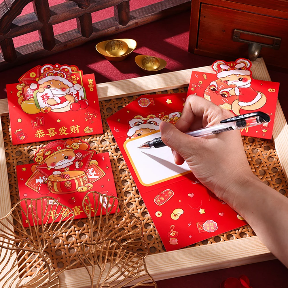 Cute Cartoon Snake Greeting Cards 10Pcs 3D New Year's Three Folding Greeting Card Envelope Gift Spring Festival Supplies